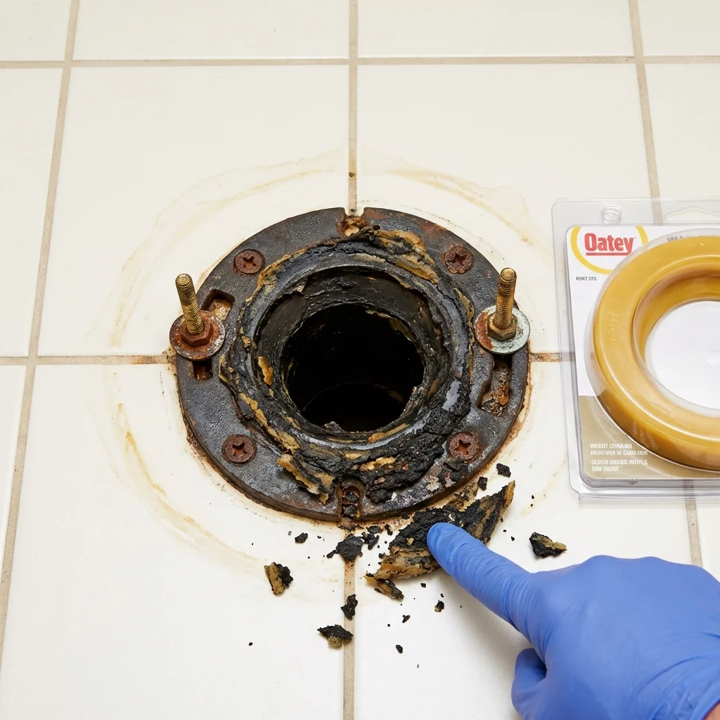 Failed wax ring showing water seepage at the base of a toilet in a Georgetown, SC home