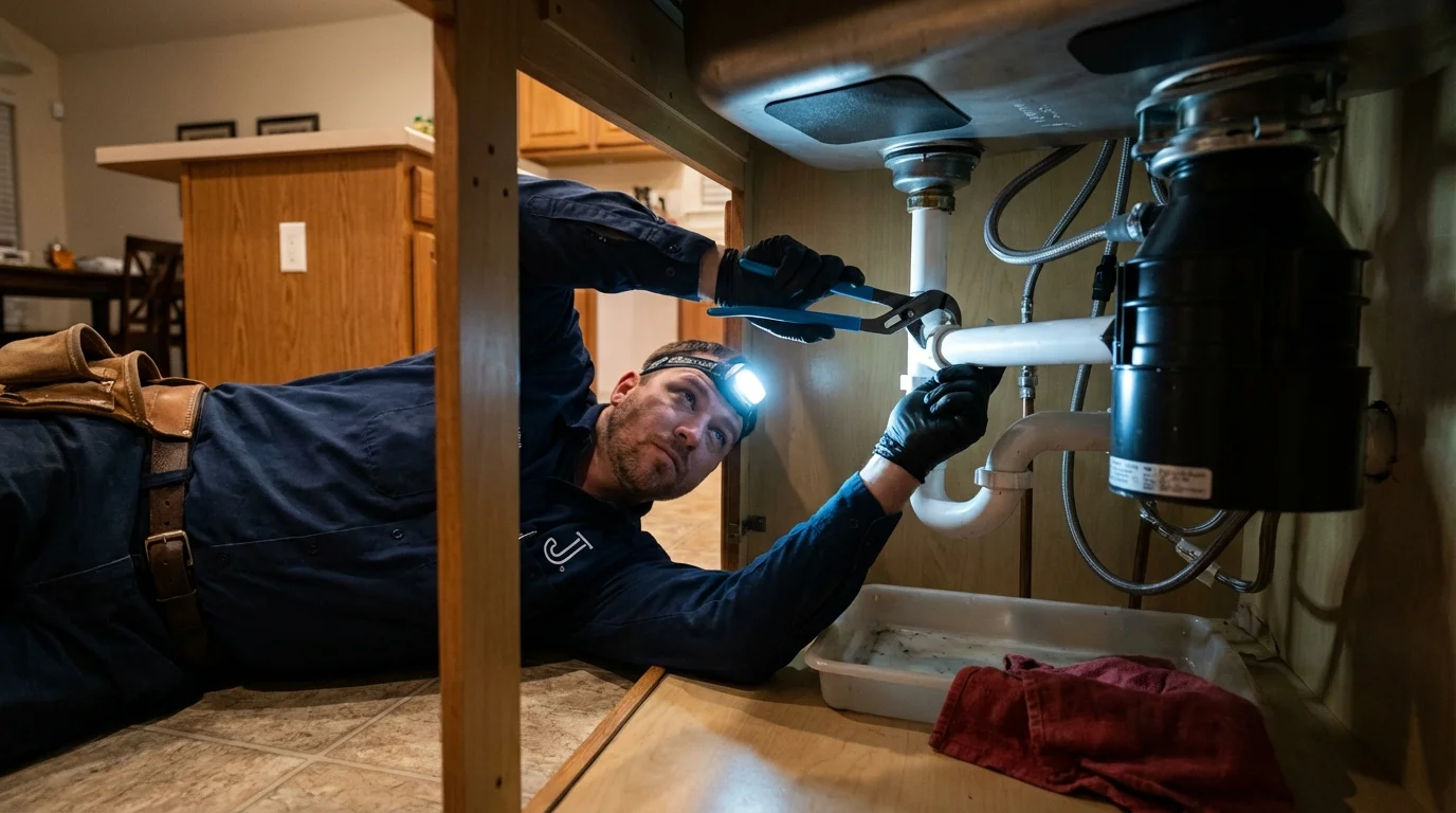 P-trap and supply line connections under a kitchen sink showing a common leak point in Georgetown, SC